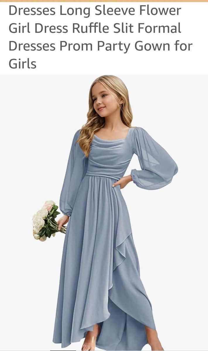 Girls Dusty Steel Blue Chiffon Long Sleeve Ruffle Slit Formal Prom Party Gown - Size 12/14