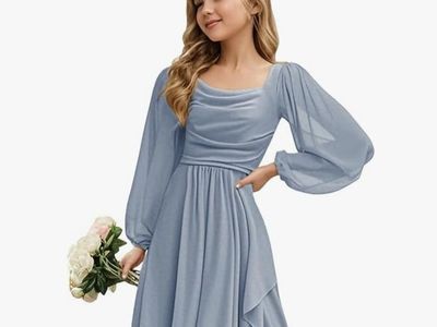 Girls Dusty Steel Blue Chiffon Long Sleeve Ruffle Slit Formal Prom Party Gown - Size 12/14