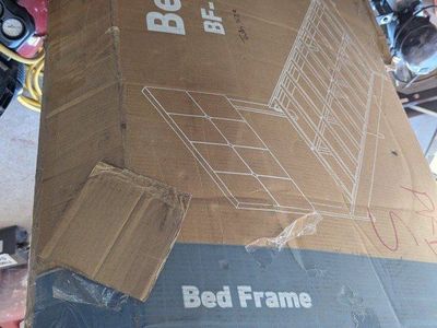 Upholstered Twin Size Bed Frame Gray Geometric Headboard Wood Slats New in Box