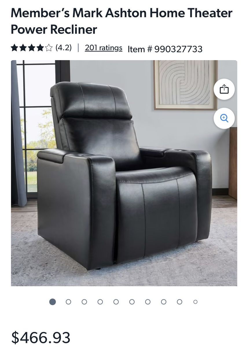 Member's Mark Ashton Home Theater Power Recliner Black Leather Adjustable Headrest