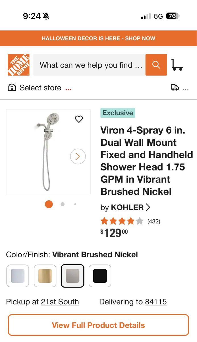 Kohler Viron 4-Spray 6 in. Dual Wall Mount Fixed/Handheld Shower Head, Brushed Nickel — $50 OBO!