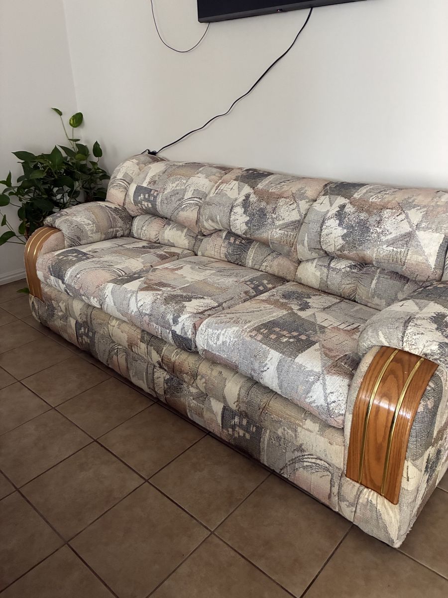 Vintage Patterned Fabric Couch with Wood & Brass Accents