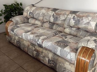 Vintage Patterned Fabric Couch with Wood & Brass Accents