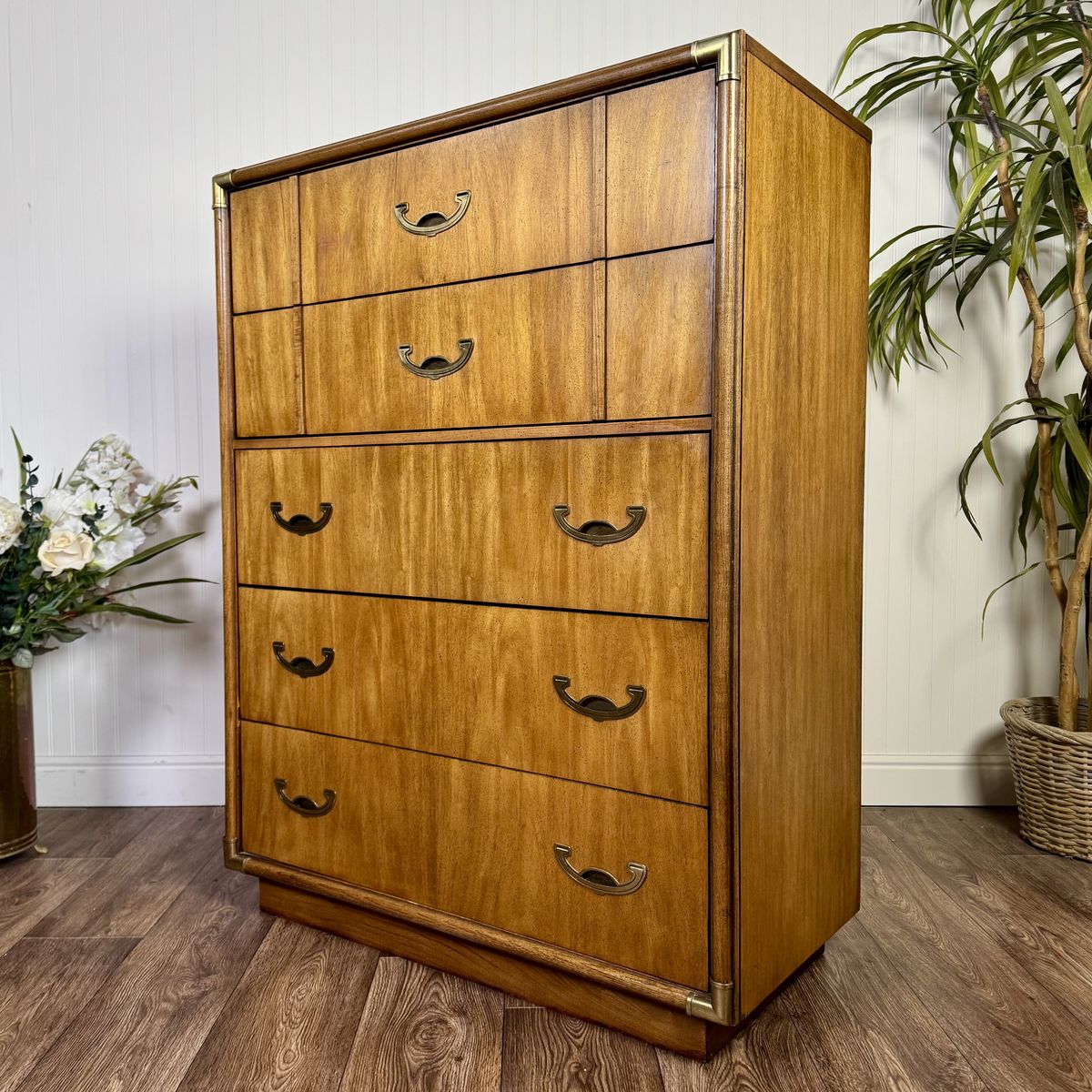 Vintage MCM Campaign 5-Drawer Tallboy Dresser