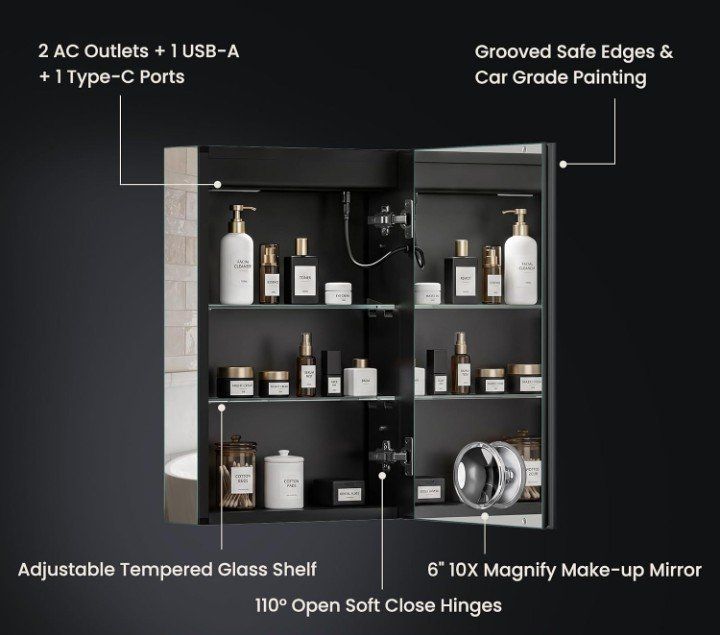 LED Mirrored Bathroom Medicine Cabinet with Power Outlets and USB Ports