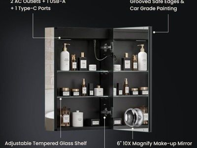 LED Mirrored Bathroom Medicine Cabinet with Power Outlets and USB Ports