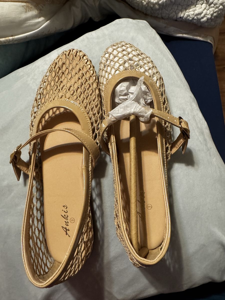 Ankis Mesh Mary Jane Flats Shoes Size 9 Beige Patent Strap