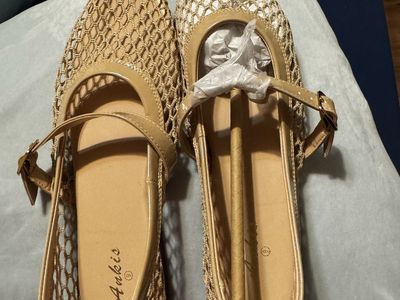 Ankis Mesh Mary Jane Flats Shoes Size 9 Beige Patent Strap