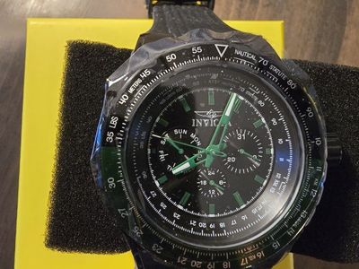 Invicta 39297 Aviator Skyshock Watch with Black and Green Dial and Back silicone band 50mm