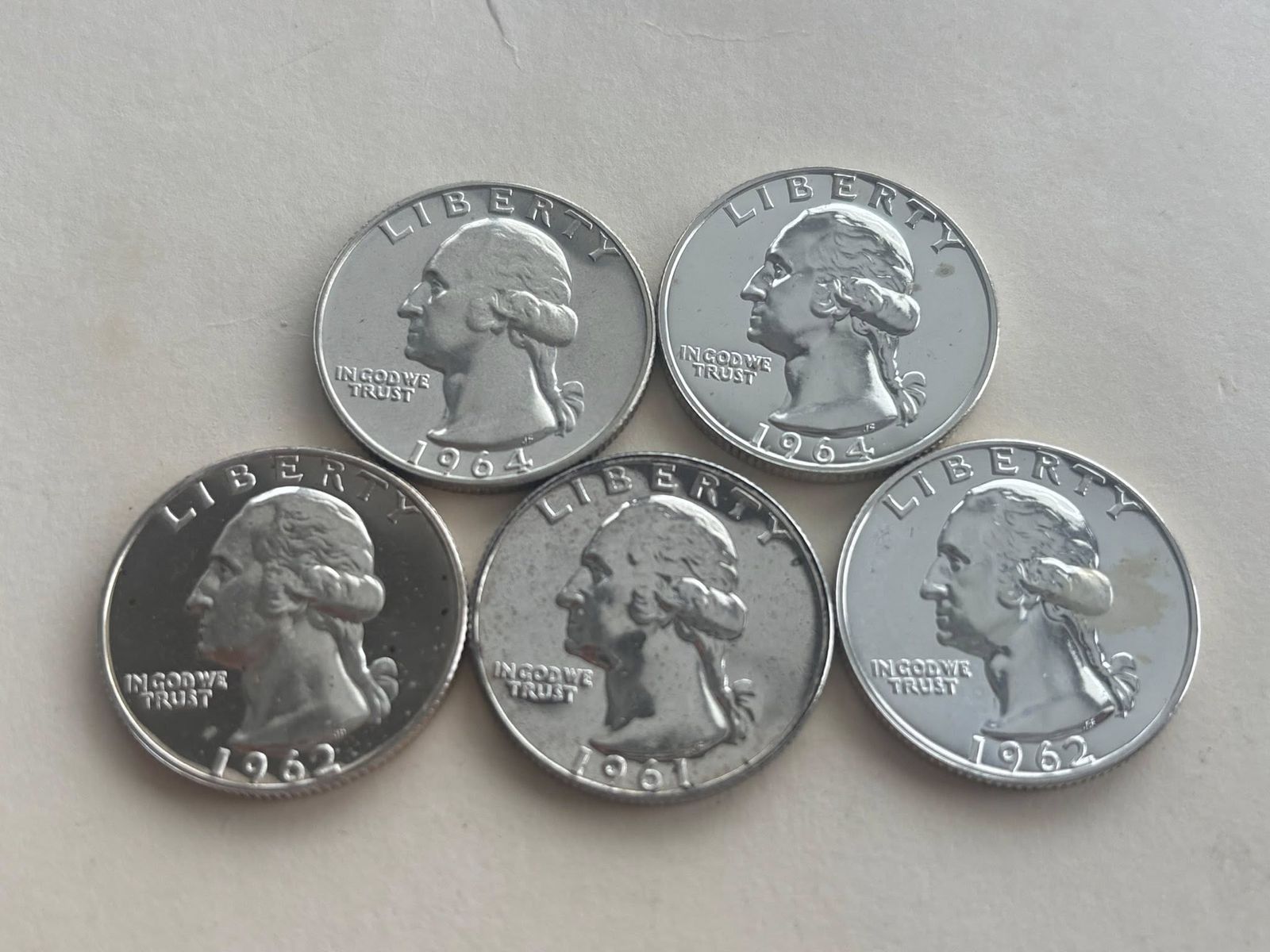 5 Proof Washington quarters 1961-1964