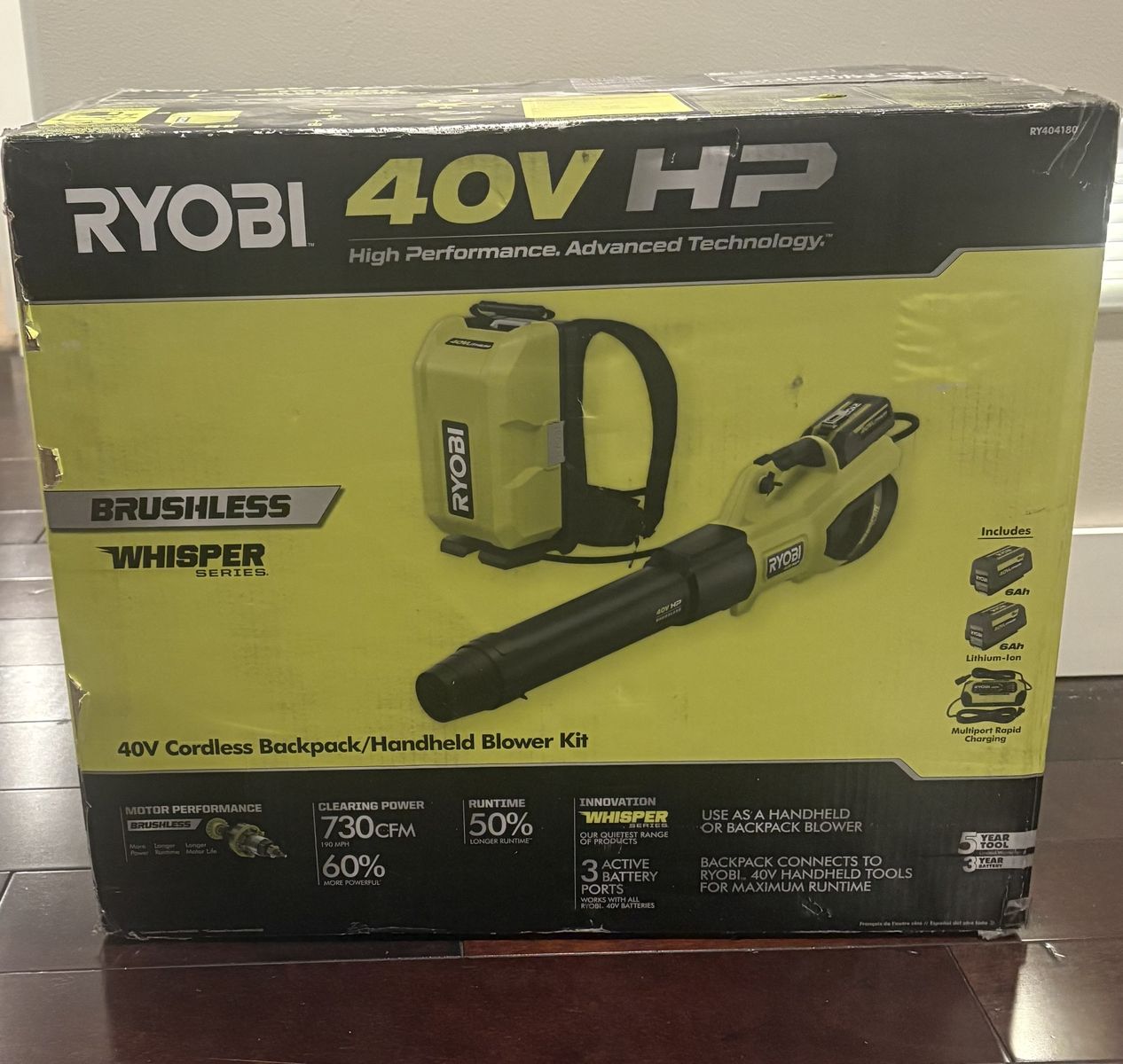 NEW Ryobi 40V HP 190 MPH 730 CFM Leaf Blower and Backpack Battery