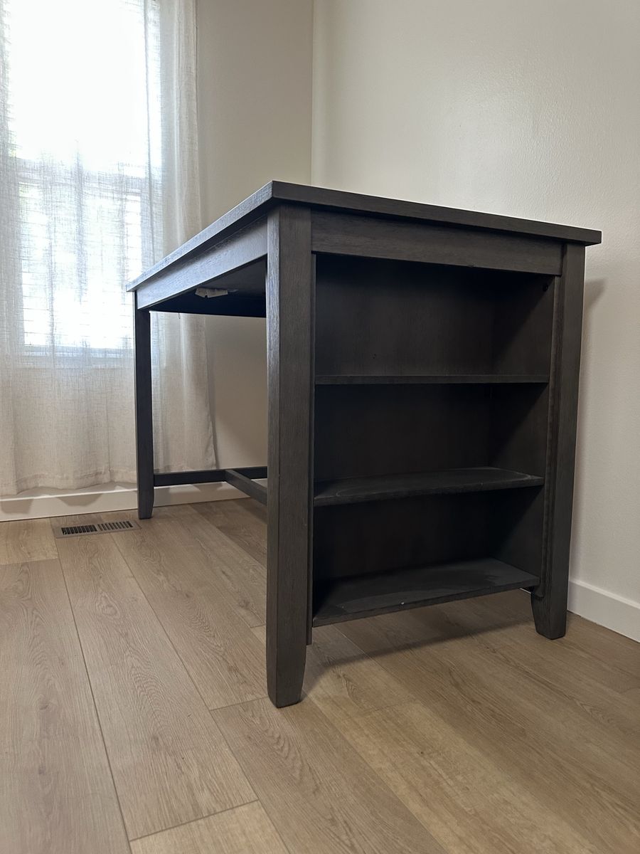 Dark Gray Wooden Counter-Height Dining Table with Built-In Side Shelving