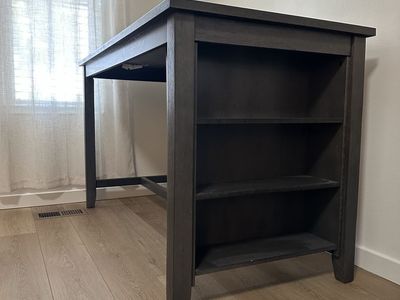 Dark Gray Wooden Counter-Height Dining Table with Built-In Side Shelving