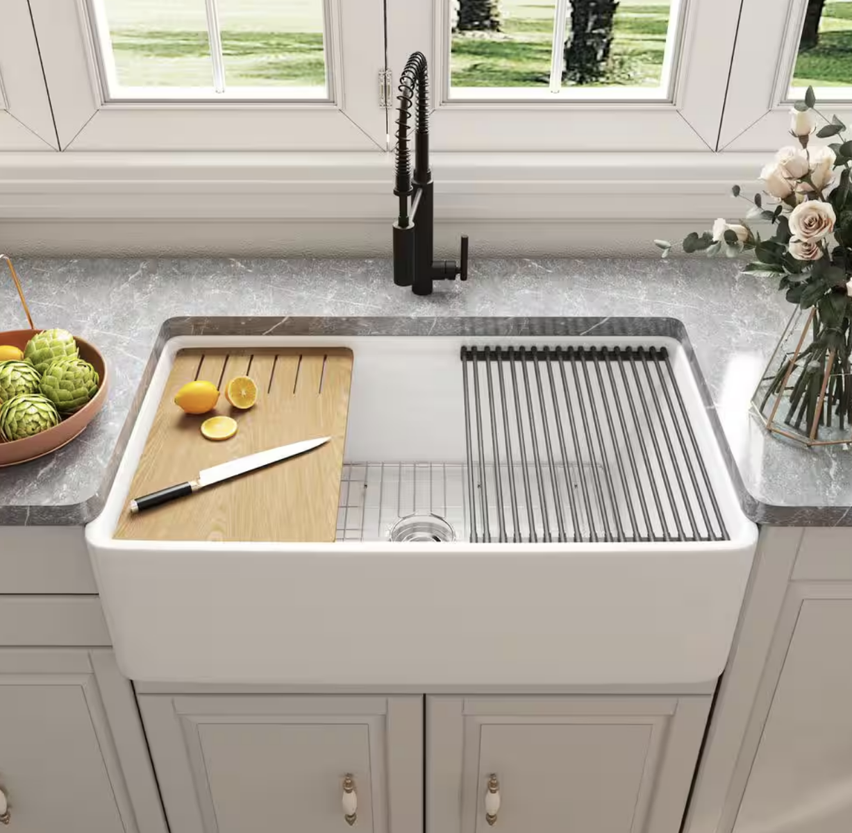 White Fireclay 33 in. Single Bowl Farmhouse Apron Workstation Kitchen Sink with Cutting Board, Grid and Strainer