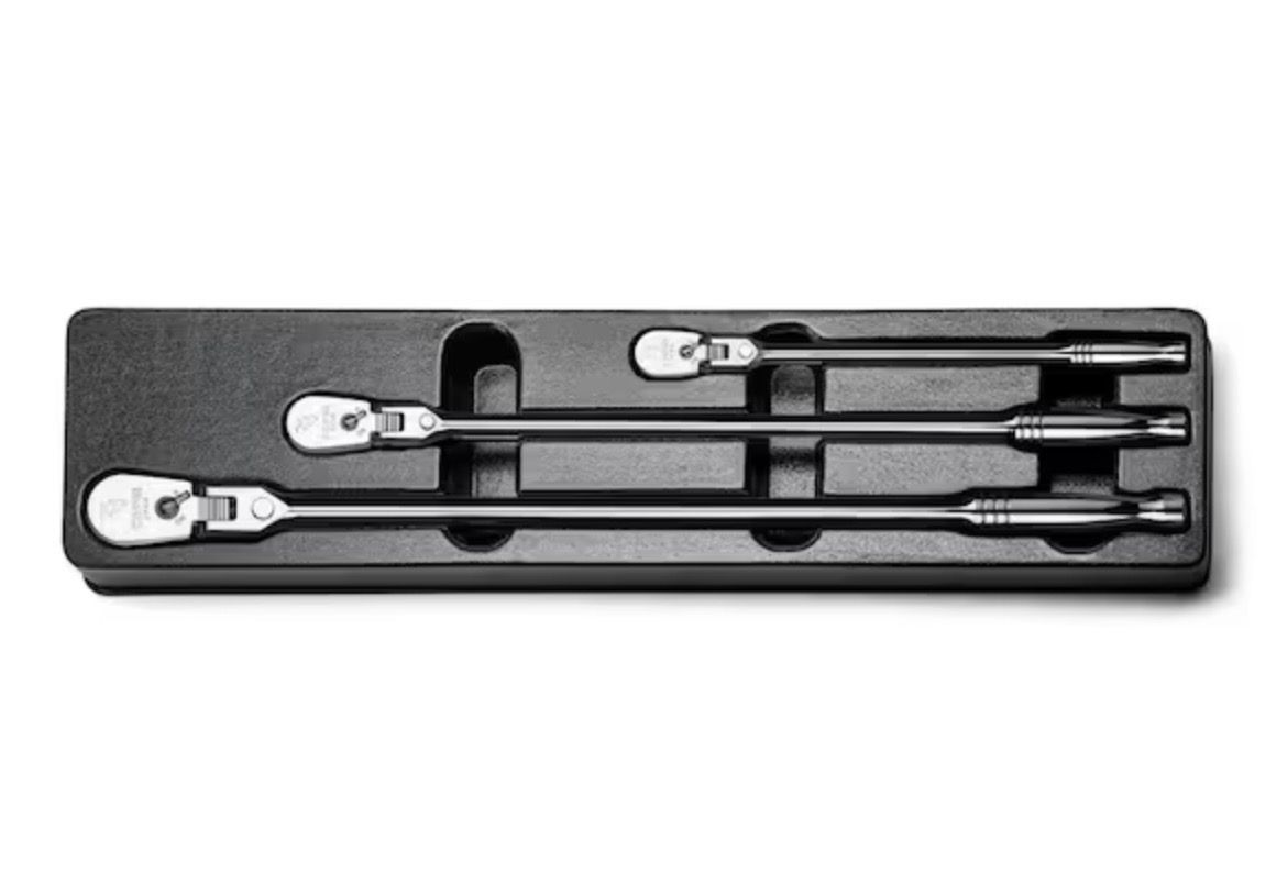 Capri Tools 1/4, 3/8, 1/2 in. Drive Fine 90-Tooth Locking Flex-Head Ratchet Set, Extra Long Chrome Handle (3-Piece)
