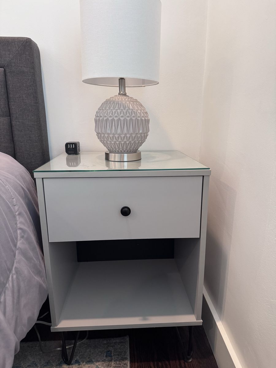 Glass Top Nightstand with Drawer and Shelf, Modern Gray with matching lamp