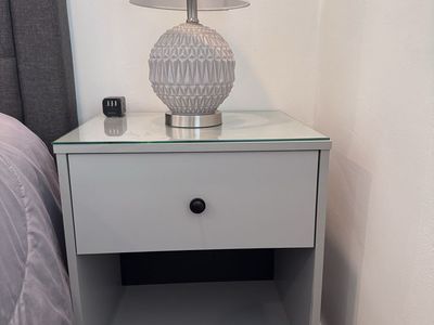 Glass Top Nightstand with Drawer and Shelf, Modern Gray with matching lamp