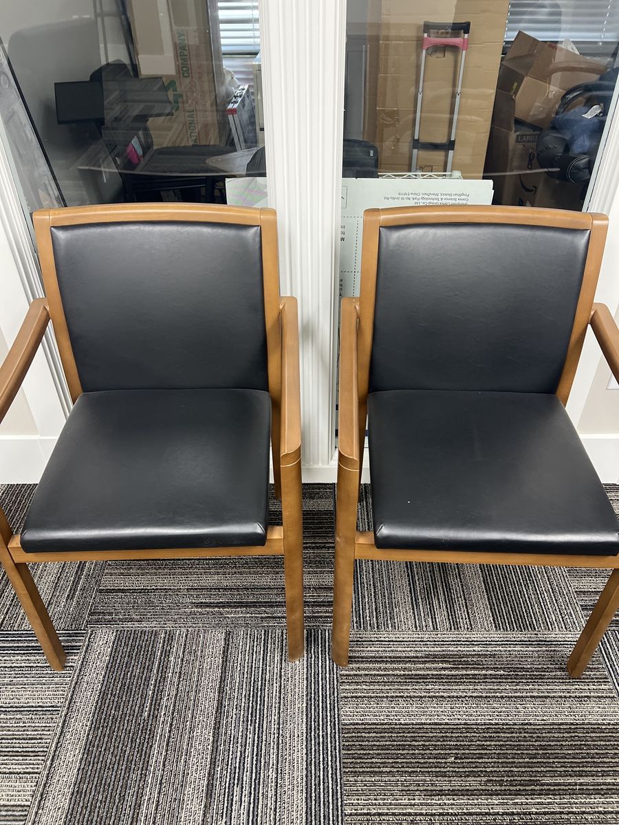 Pair of Modern Wood Frame Armchairs with Black Faux Leather Upholstery - Good Condition