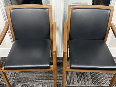 Pair of Modern Wood Frame Armchairs with Black Faux Leather Upholstery - Good Condition