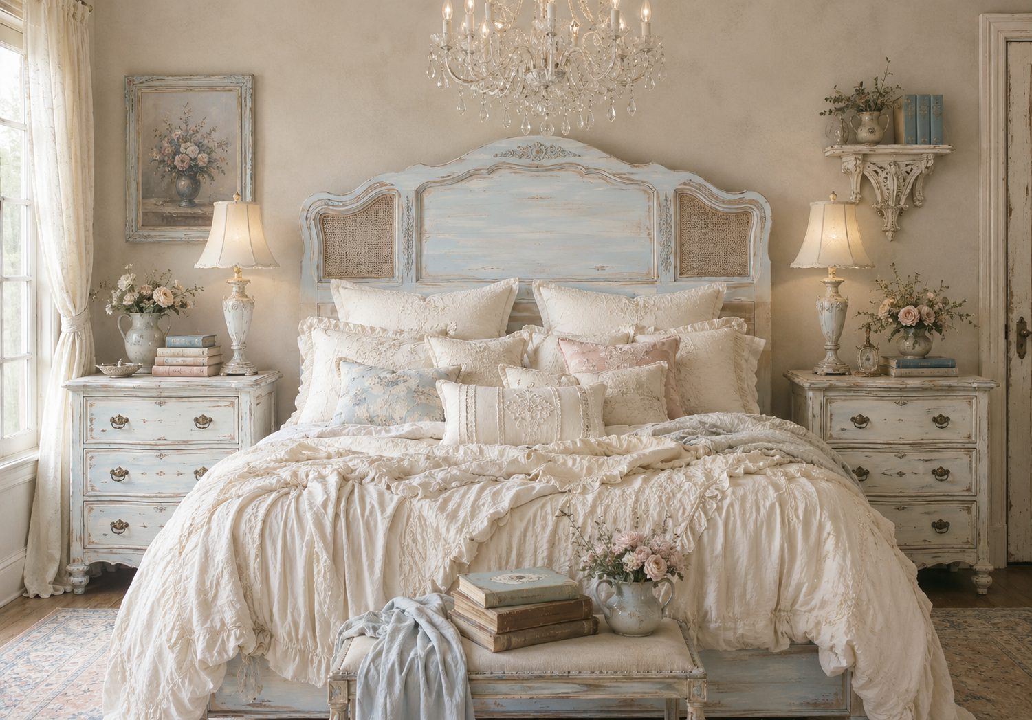 Monet French King Headboard With Metal Bed Frame Cottagecore European Farmhouse Shabby Chic Caning