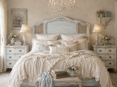 Monet French King Headboard With Metal Bed Frame Cottagecore European Farmhouse Shabby Chic Caning