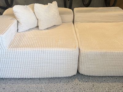 Cream Corduroy Modular Sofa Set with Ottoman & Throw Pillows - Versatile Seating