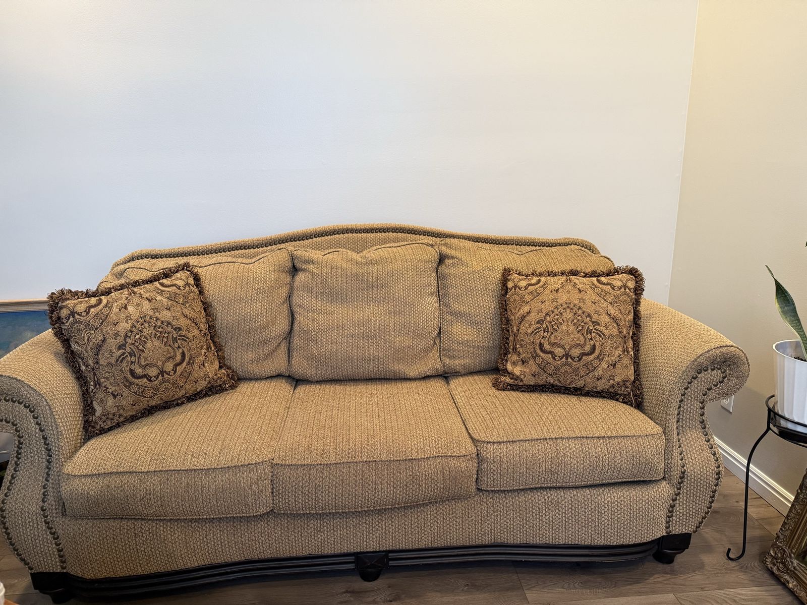Classic Brown Fabric Sofa Couch with Nailhead Trim & 2 Throw Pillows with dark wood base