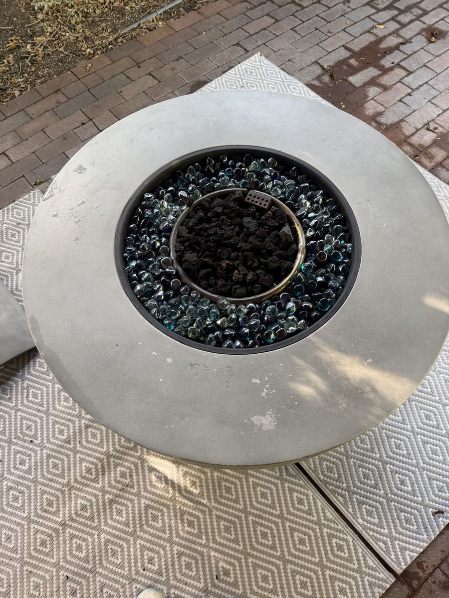 Outdoor Concrete Fire Pit with Glass Rocks - Propane - Large. Includes a small version that’s portable.