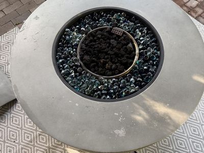 Outdoor Concrete Fire Pit with Glass Rocks - Propane - Large. Includes a small version that’s portable.