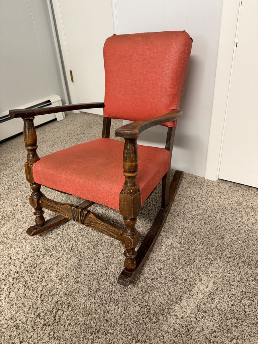 Vintage Wooden Rocking Chair with Red Textured Upholstery