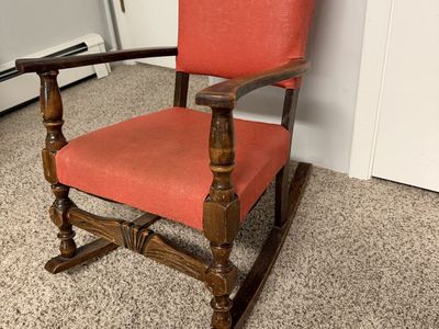 Vintage Wooden Rocking Chair with Red Textured Upholstery