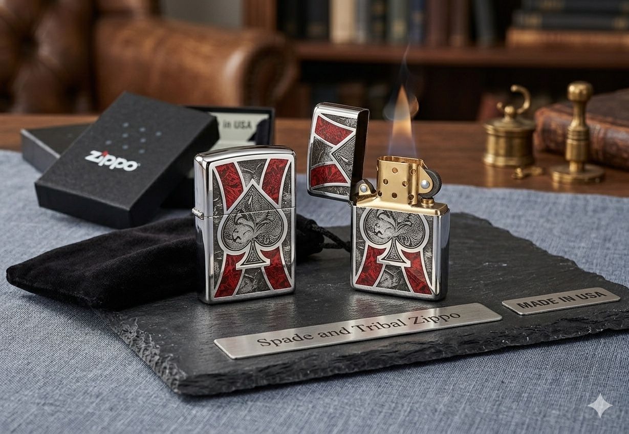 New Zippo Ace of Spades + Velvet Pouch