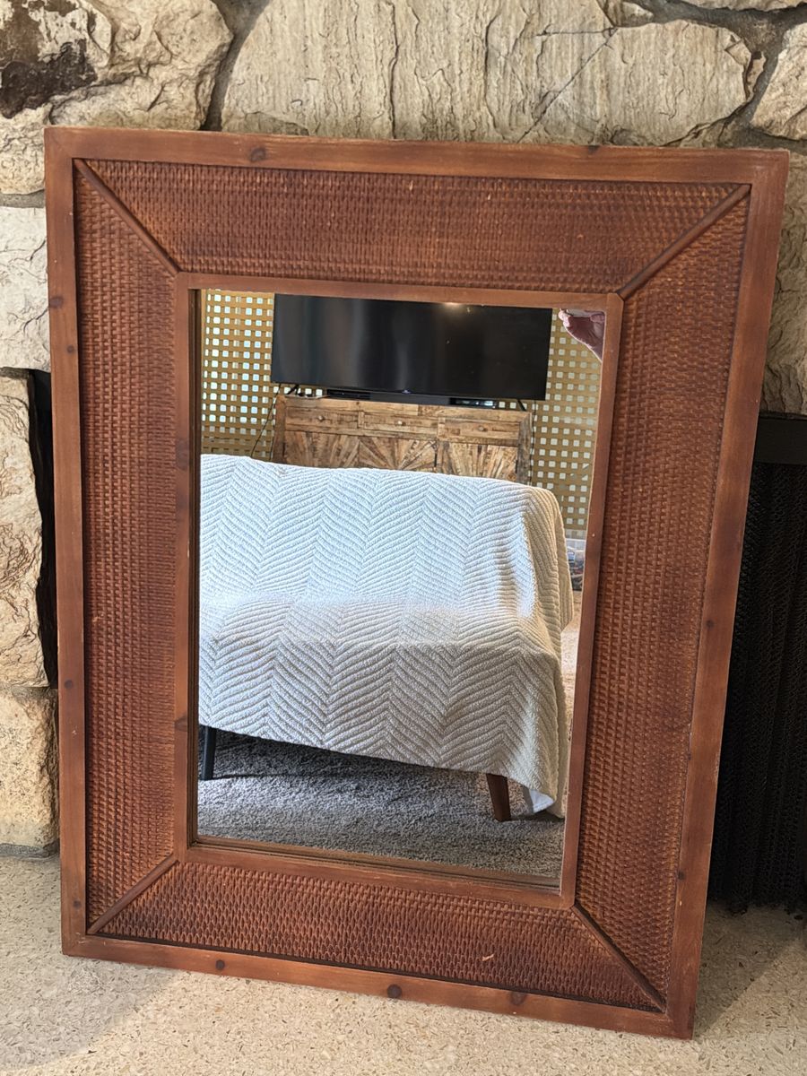 Rustic Wood & Woven Rattan Wall Mirror - Rectangle, Accent Decor. Large