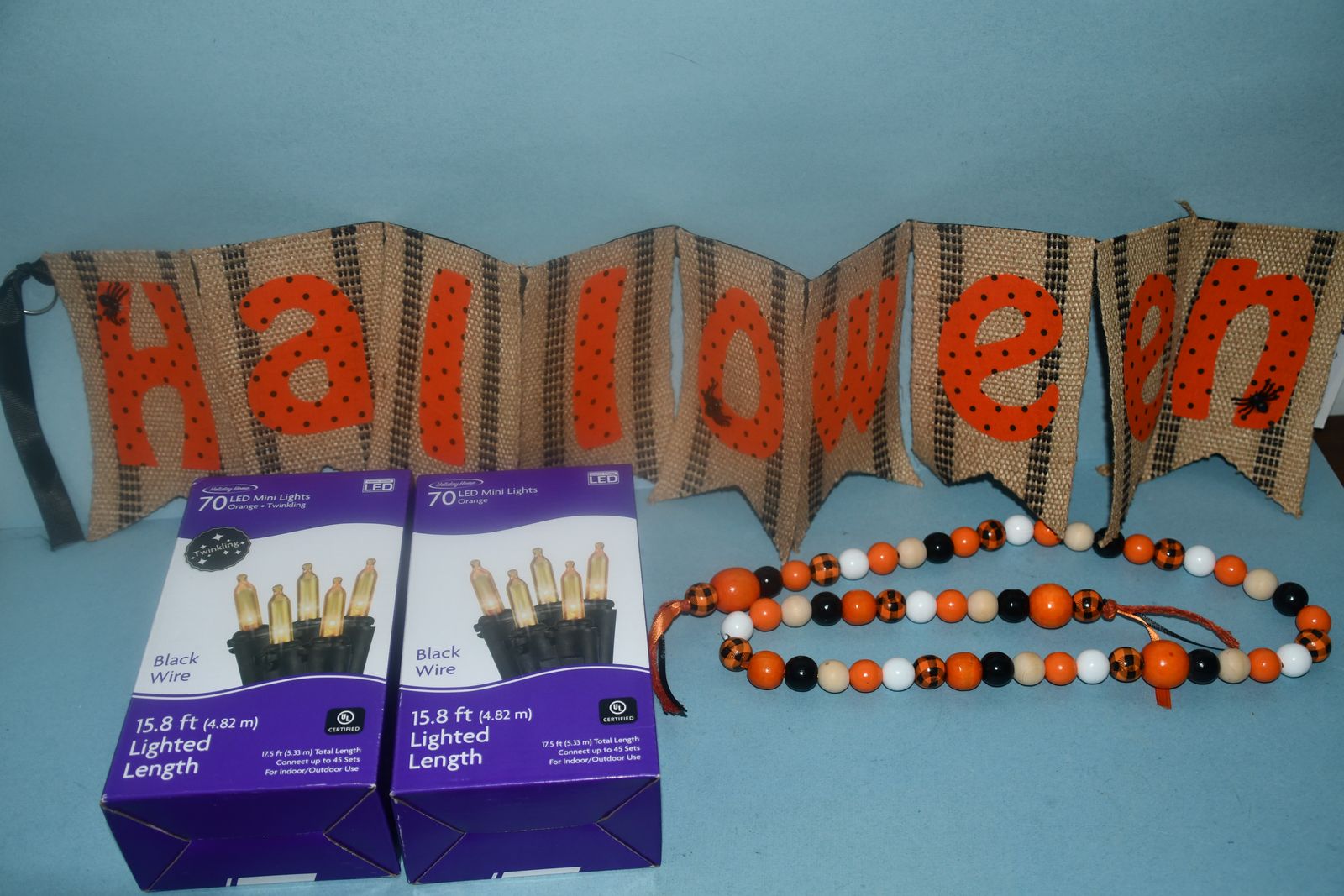 HALLOWEEN BANNER (32") + 2 BOXES of ORANGE LED MINI LIGHTS + BEAD GARLAND ~ ALL FOR $5