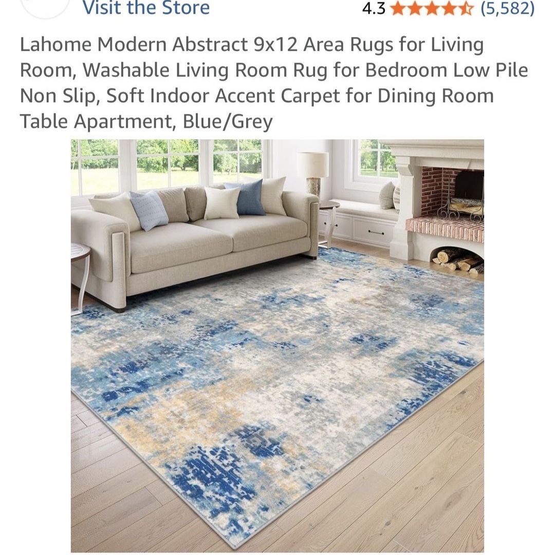 Lahome Modern Abstract 9x12 Area Rug - Blue/Grey Washable Low Pile Non-Slip Accent Carpet