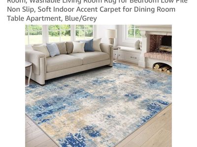 Lahome Modern Abstract 9x12 Area Rug - Blue/Grey Washable Low Pile Non-Slip Accent Carpet