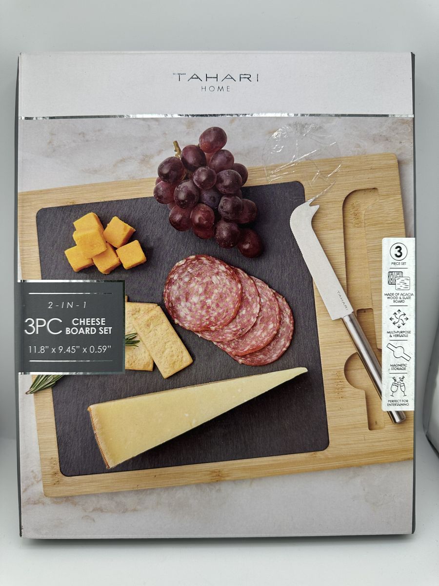 Tahari Home 3PC Cheese Board Set Slate Bamboo Charcuterie Board Knife 11.8”