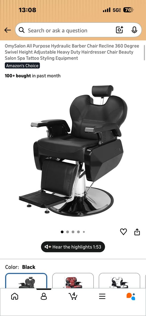 OmySalon All-Purpose Hydraulic Black Barber Chair Recline 360 Swivel Salon Spa Tattoo Styling
