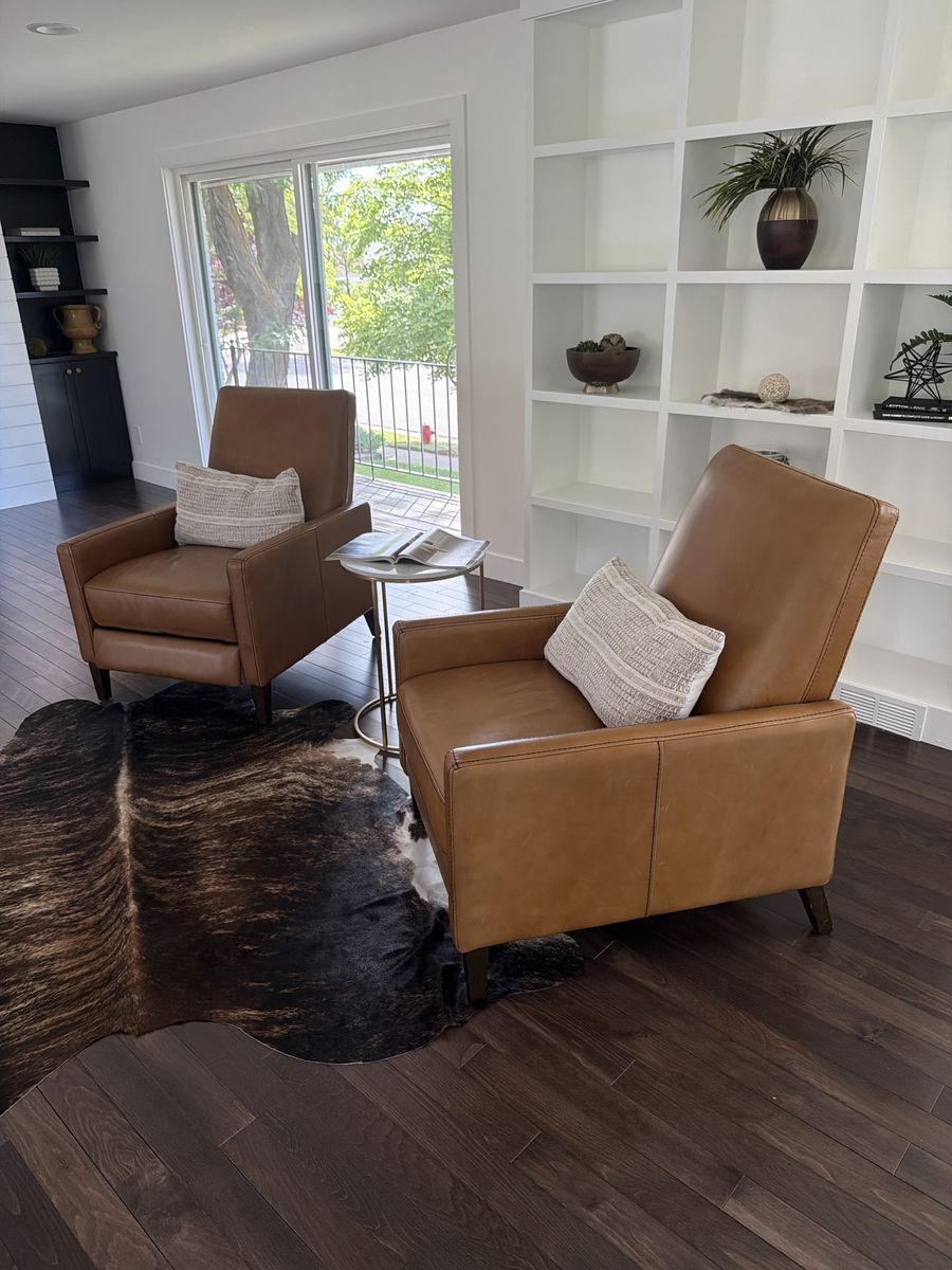 Pair of Modern Tan Genuine Leather Reclining Armchairs