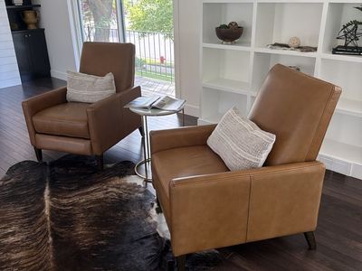 Pair of Modern Tan Genuine Leather Reclining Armchairs