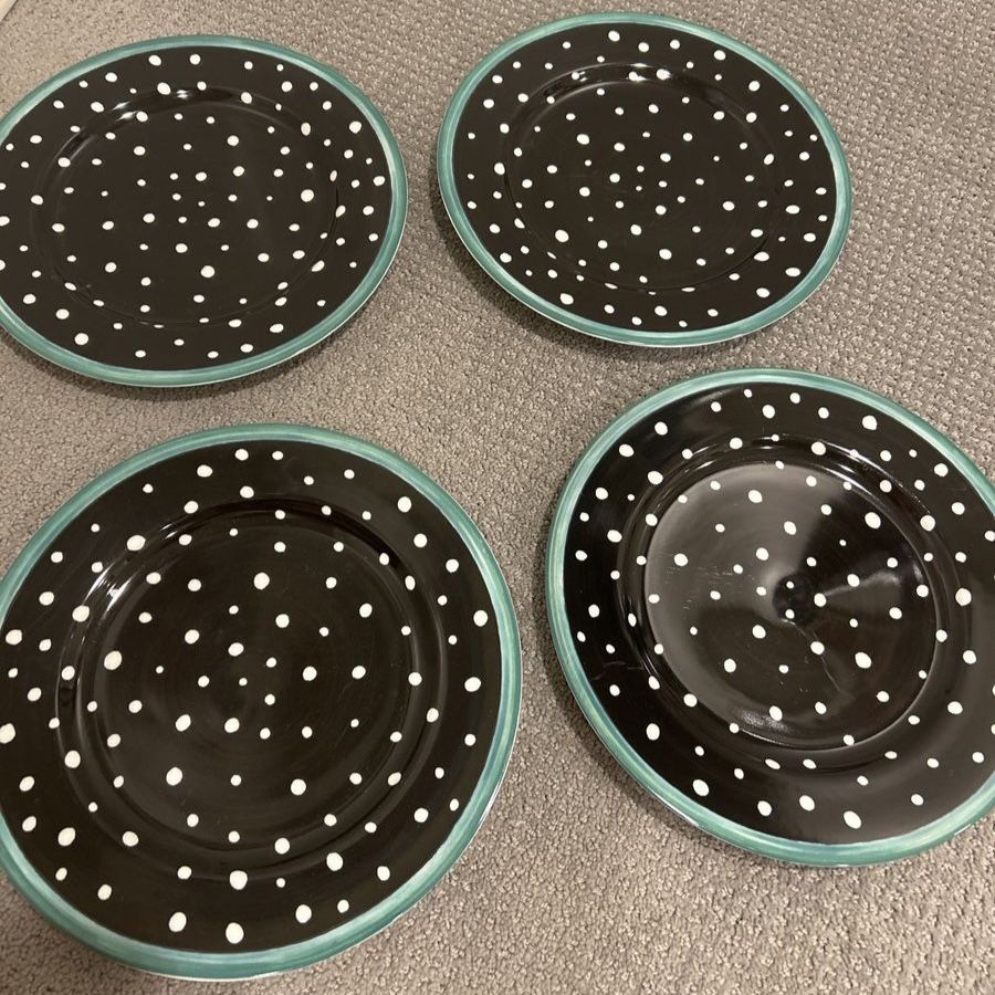 Set of 4 Black & White Polka Dot Ceramic Dinner Plates with Teal Rim