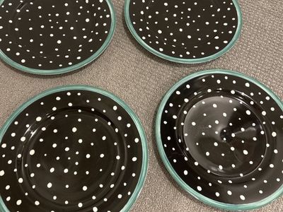 Set of 4 Black & White Polka Dot Ceramic Dinner Plates with Teal Rim