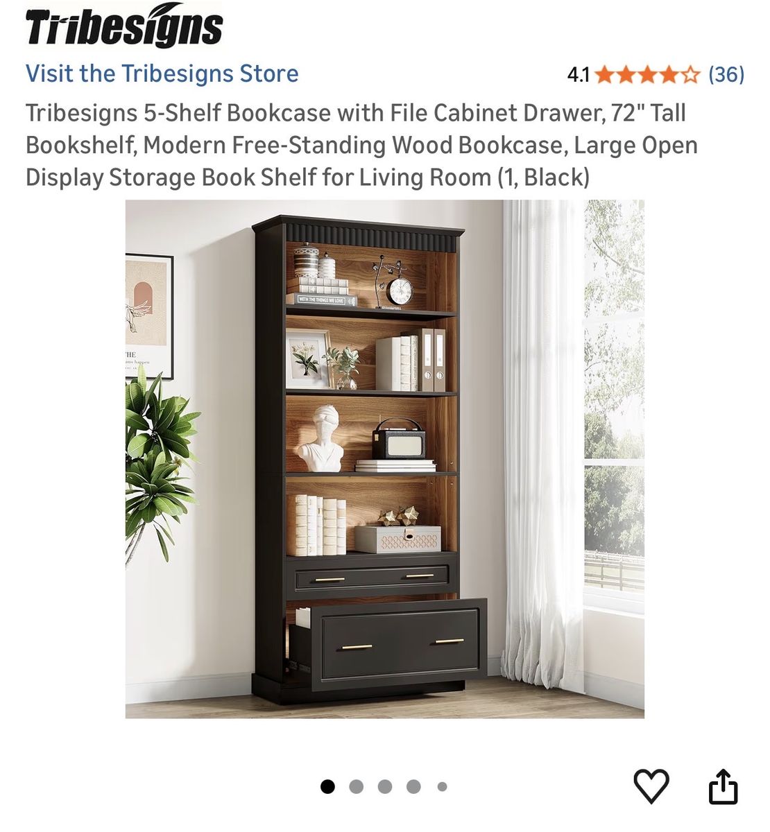 Tribesigns 72" 5-Shelf Bookcase with File Cabinet Drawer, Modern Free-Standing Wood - Black