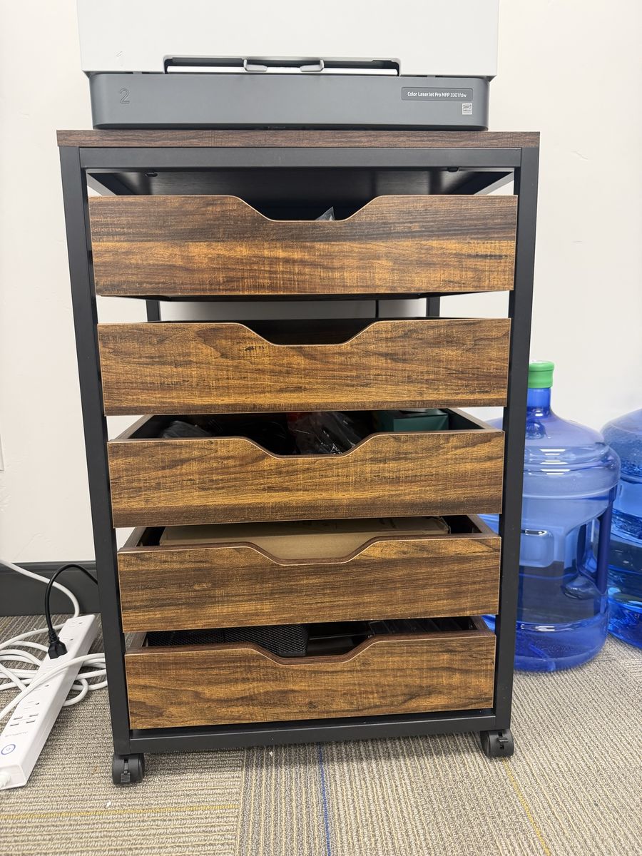 Industrial 5-Drawer Rolling Storage Cart with Wood Grain Finish