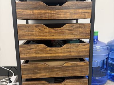 Industrial 5-Drawer Rolling Storage Cart with Wood Grain Finish