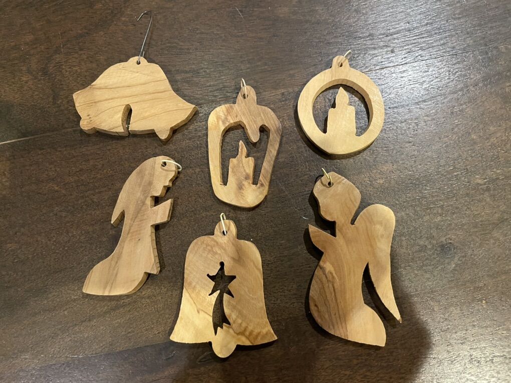 Set Of 6 Olive Wood Bethlehem Christmas Ornaments