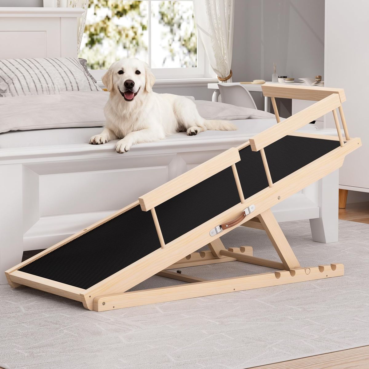 New Dog Ramp for High Bed, Couch, Car, Pet Ramps 55.12" Long Adjustable 19.3"-27.17" Wooden Dog Step