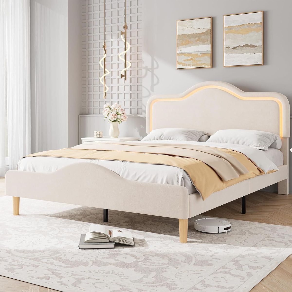 Full Size Bed Frame with LED Lights, Platform Bed with Adjustable Headboard for Kids/Girls, No Box Spring Needed