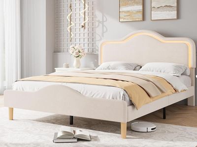 Full Size Bed Frame with LED Lights, Platform Bed with Adjustable Headboard for Kids/Girls, No Box Spring Needed