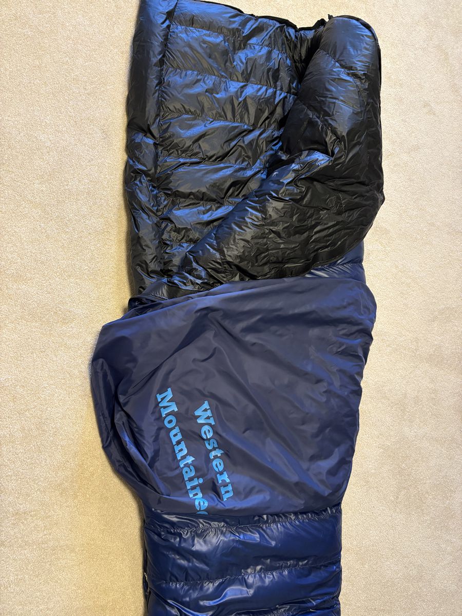 Western Mountaineering Ponderosa 15 degree semi-rectangular sleeping bag.  6'6" right zip.